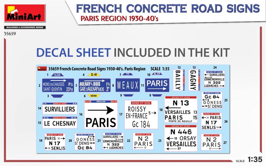 Miniart Scale French Pavement Road Sign Paris Plastic Model Kit MA35659 1/35 Set, 1930-1940, Region,