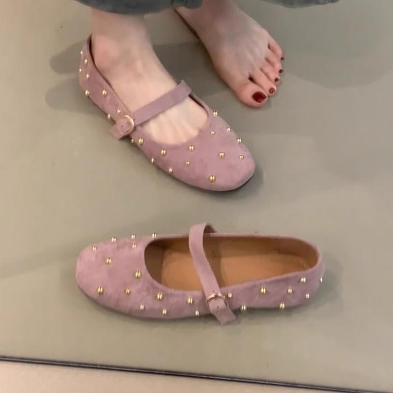 Fashion Flat Versatile Breathable Single Shoes Women's New Square Toe Shallow Rivet One Strap Athleisure Mary Jane Shoes