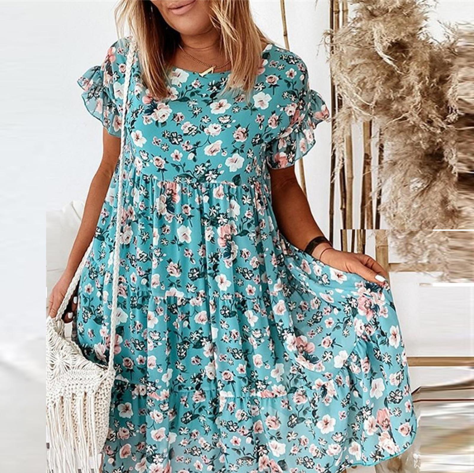 

Женское летнее свободное платье трапециевидной формы с небольшими цветочными принтами и рукавами с рюшами XL