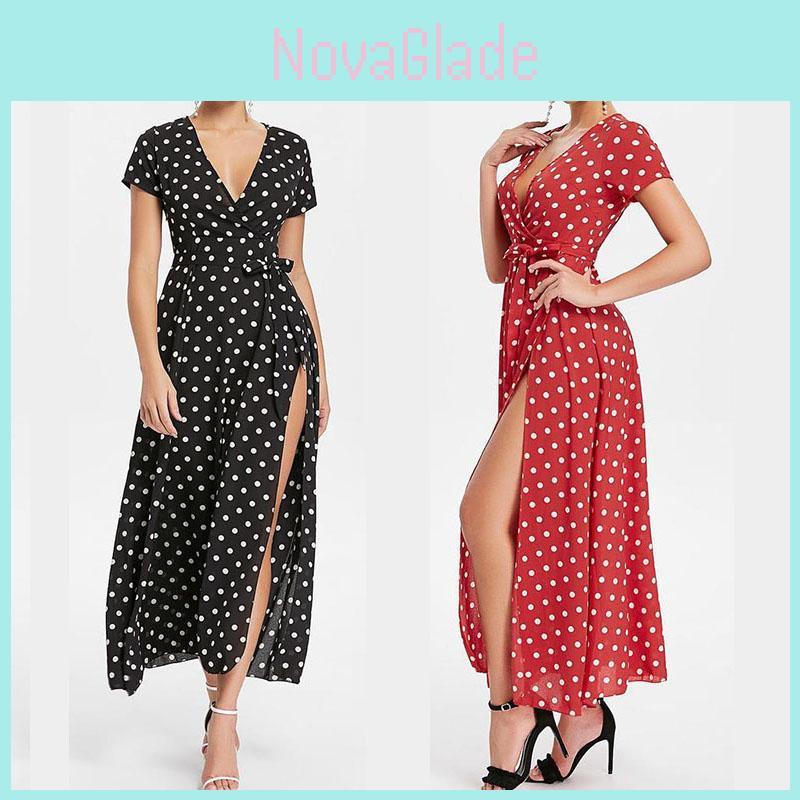 Women Short Sleeve V Neck Swing Dress With Elegant Polka Dot Print And Slit Detail