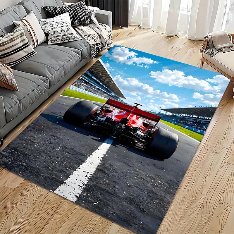 Red Race Car on Track Carpet suitable as a non-slip mat for the living room or bedroom sofa