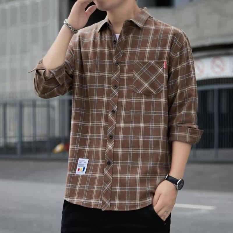 Fashion Men's Long-sleeved Shirt Spring and Fall Men's Plaid Shirt Square Collar Straight Youth Fashion Shirt
