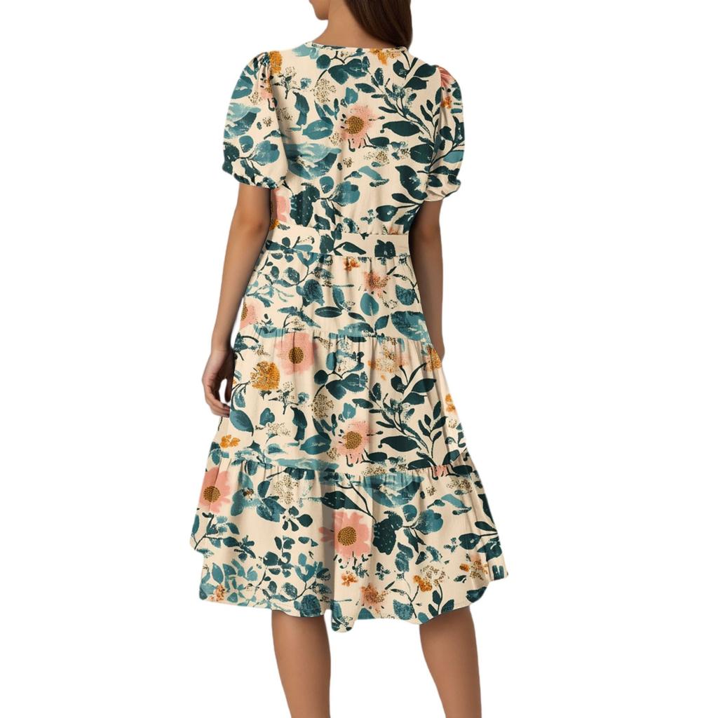 Women's Summer Floral Print Short Sleeves Neck Waistband Bohemian Flowy Maxi Dress With Pockets