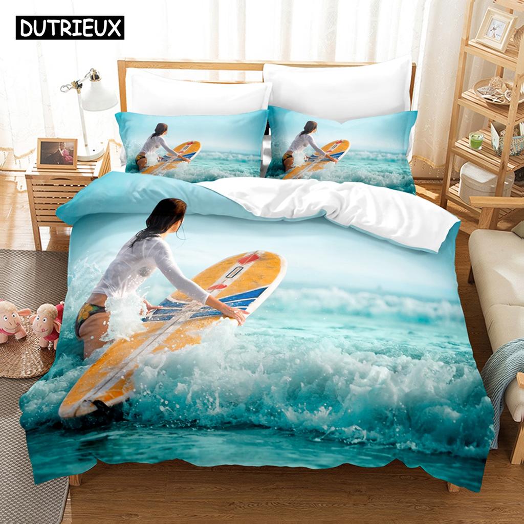 3D Printed Surfing Summer Bedding Set Down Quilt Cover With Pillowcase Double SIngle King