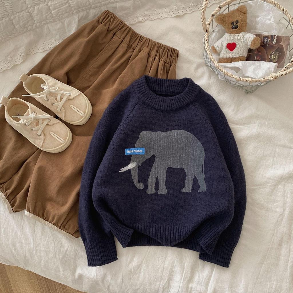 2025 Autumn/Winter Kids' Thick Pullover Sweater with Large Elephant Print