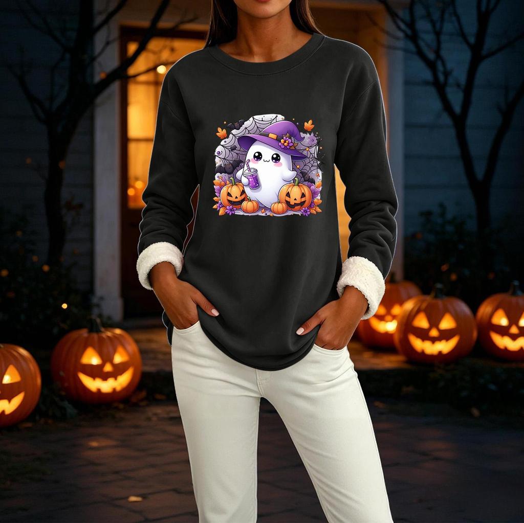 Women's Lined Round Neck Long Sleeve Halloween Print Casual Top for Winter