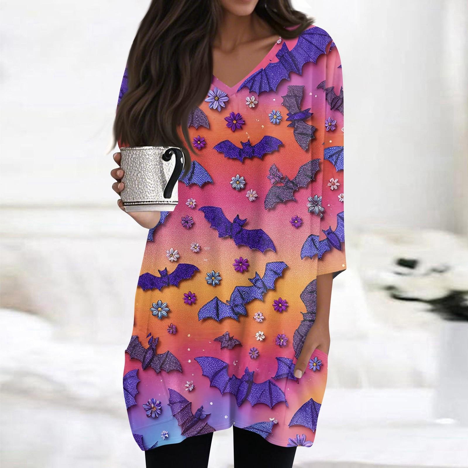 

Womens s Fashion Casual Halloween Print V-neck Mid Length Pocket 3/4 Sleeve Top S шафрановий