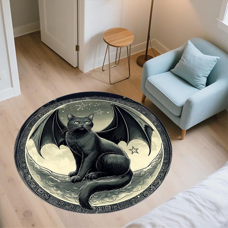 Winged Black Cat,Round Area Rug,Carpet Rug for Living Room Bedroom Sofa Playroom Decor,Non-slip Floor Mat