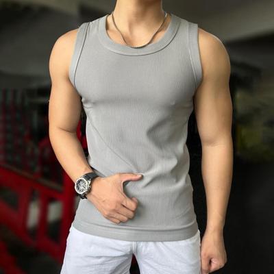 Men Sport Vest Round Neck Sleeveless Slim Fit Elastic Solid Color Tank Tops Ribbed Exercise Fitness Tops