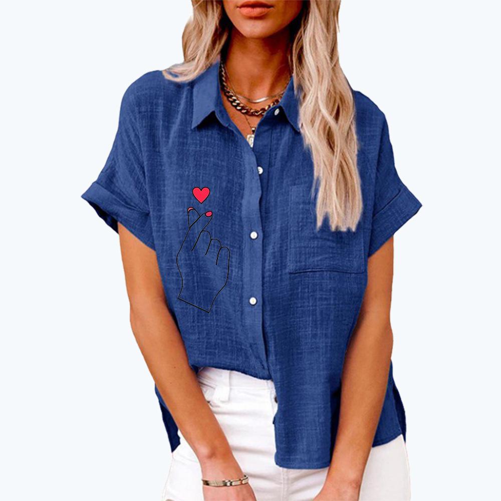 Ženy Móda Klopový Límec Top Léto&podzim Ležérní Tričko s krátkým rukávem Volný potisk Tričko Dámské plátěné halenky se zapínáním na knoflíky