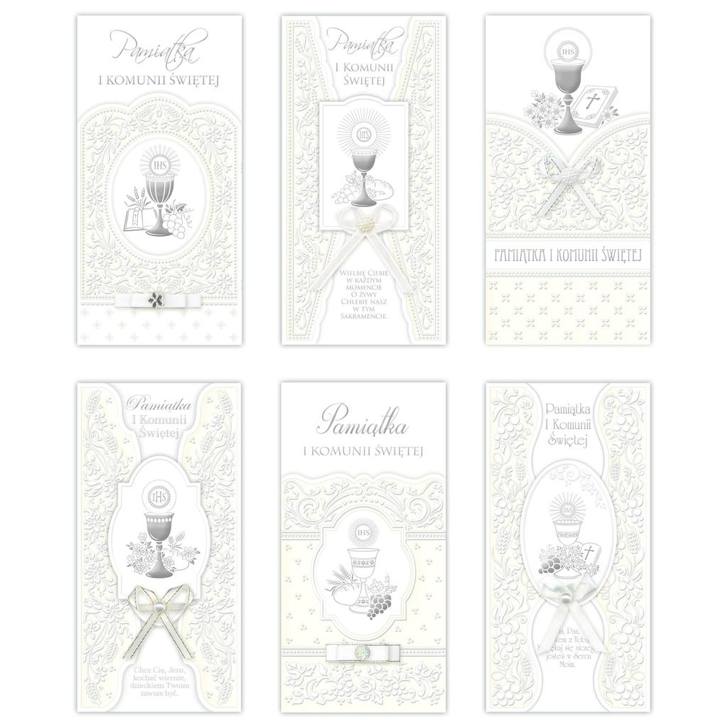Decorated First Holy Communion Card with a White Bow and Silver Elements