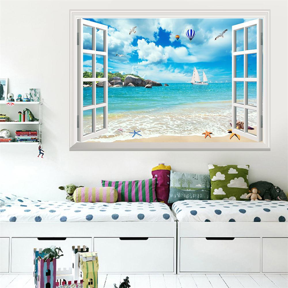 57*90cm 3D Plážový Racek Horkovzdušný Balón Falešné Okno Nástěnná Malba Obývací Pokoj Ložnice Odnímatelná Nástěnná Samolepka Hoom Dekor
