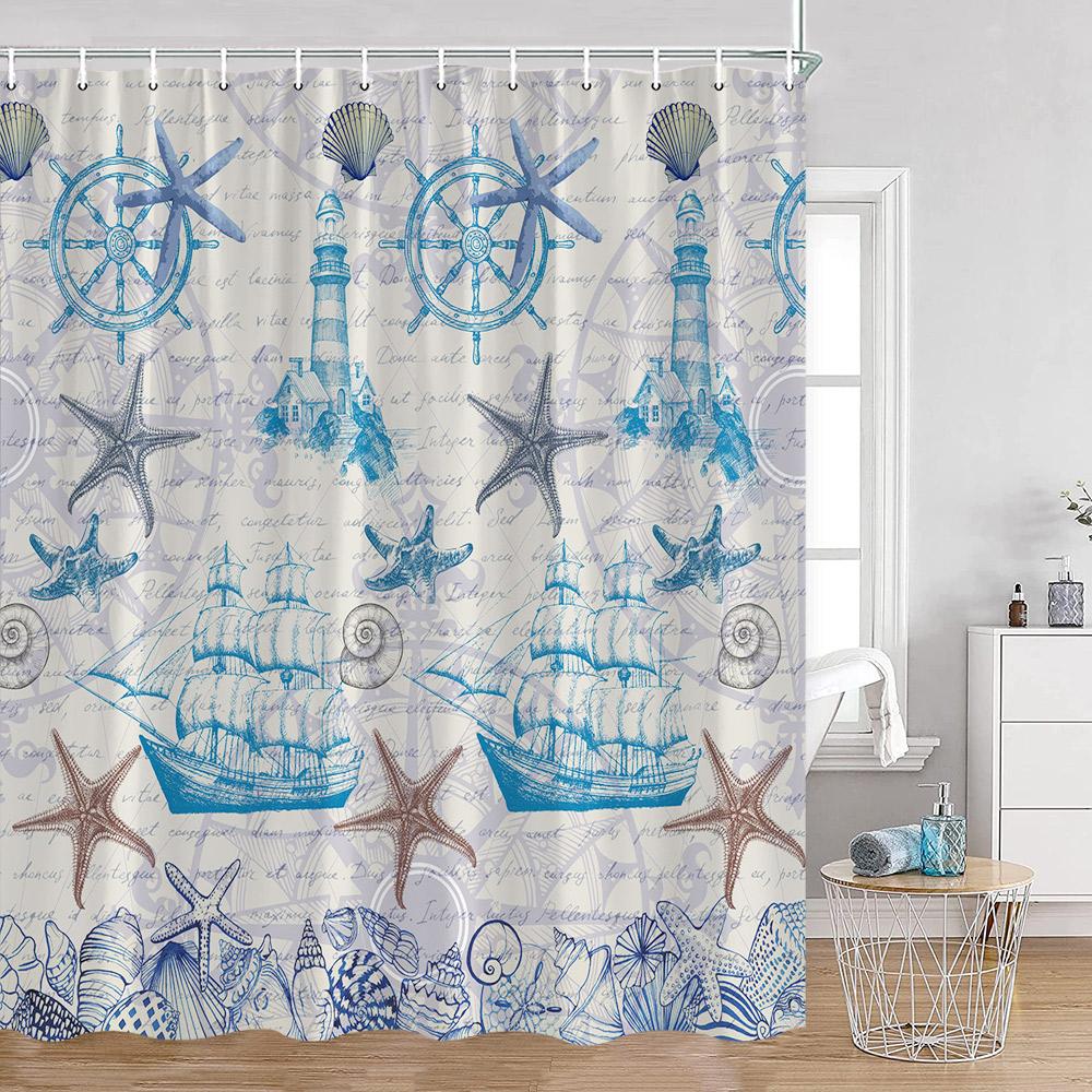 Nautical Cartoon Shower Curtain Lighthouse Sailboat Compass Adventure Treasure Map Bathroom Decor Kids Polyester Bath Curtain