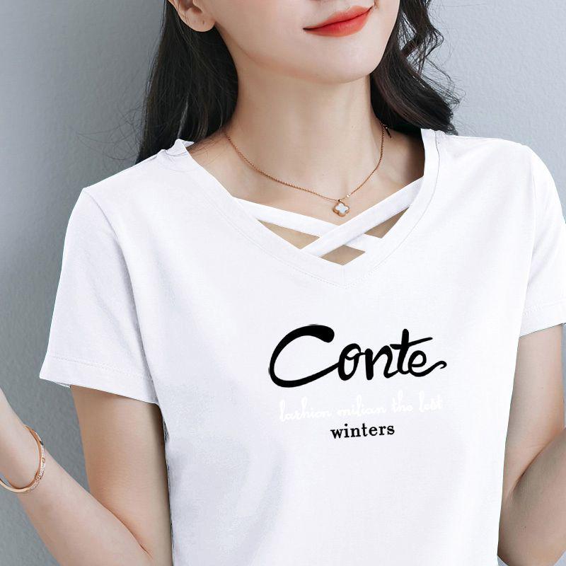

2025 Women s Korean Style Crossover V-Neck Cotton T-Shirt - Summer Casual Short Sleeve XL