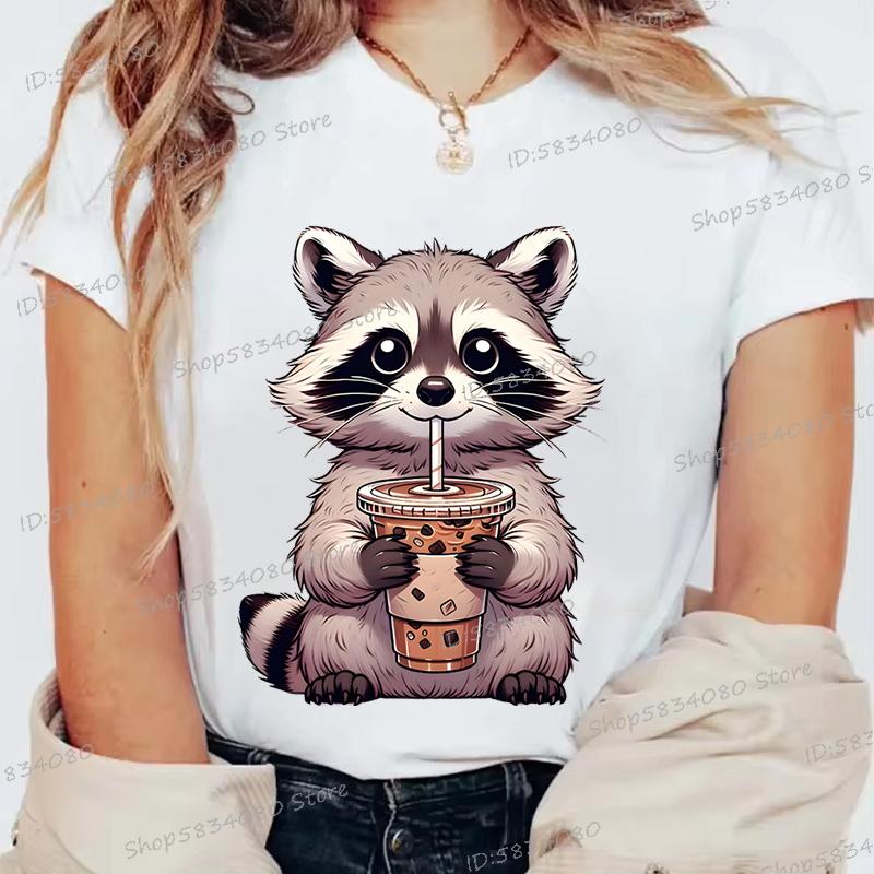 Summer Round Neck 3D Raccoon Pattern Print Top Fashionable Casual Short Sleeved Women's T-shirts