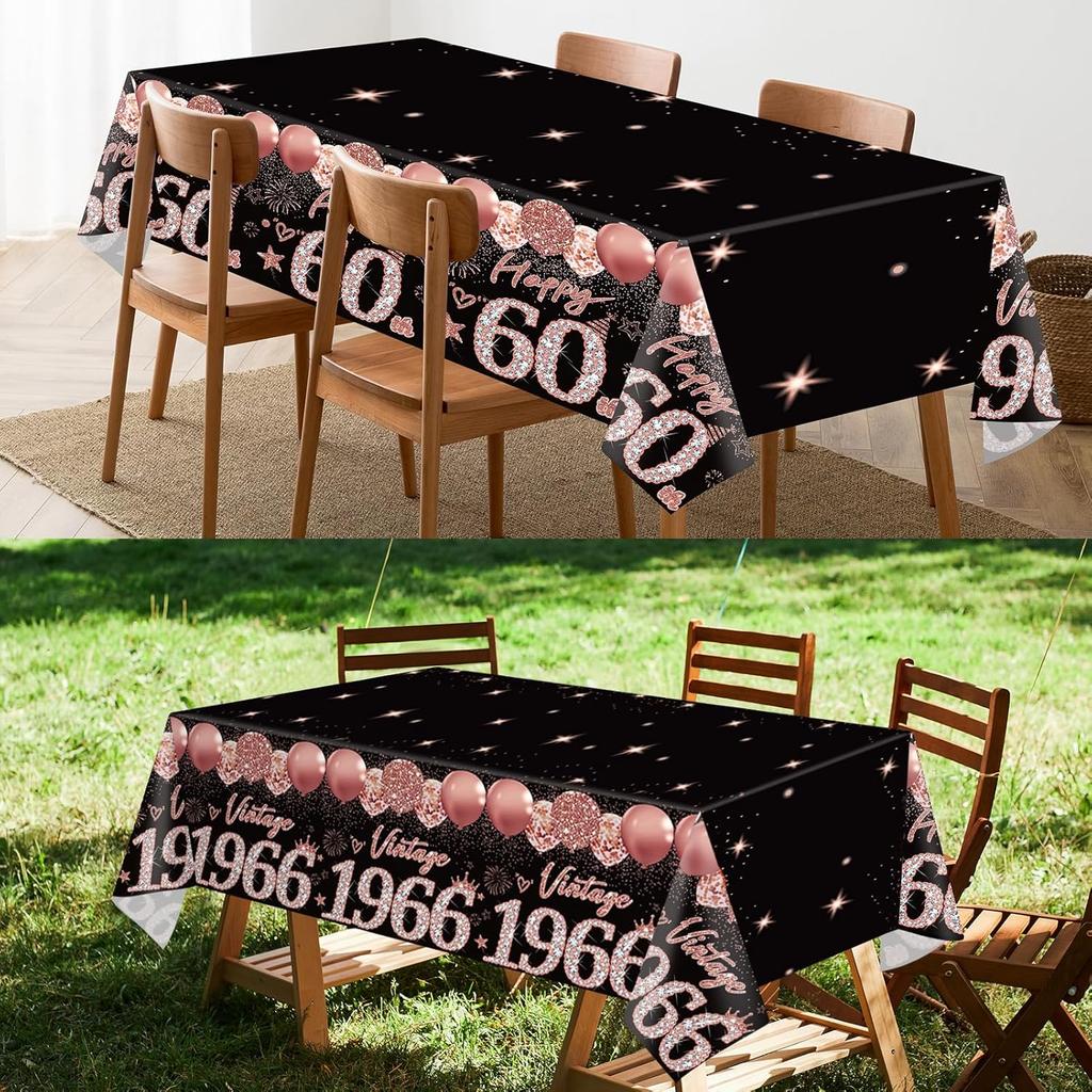 2pcs 60th Birthday Tablecloth, Black Rose Gold 60th Birthday Decorations for Woman Vintage 1966 Table Cloth Plastic Rectangular Table Cover Happy 60