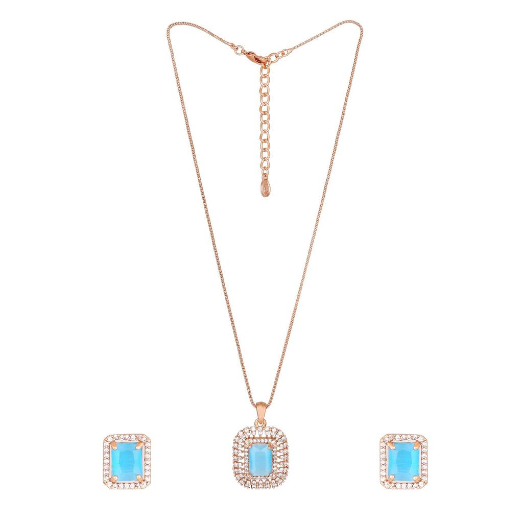 Estele Square Designer Pendant with Rose Gold Plated CZ and Mint Blue Crystals for Women