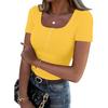 Dámské tričko s úzkým spodním dílem, módní ležérní, jednobarevný, s knoflíky, čtvercovým výstřihem, svetr s krátkým rukávem