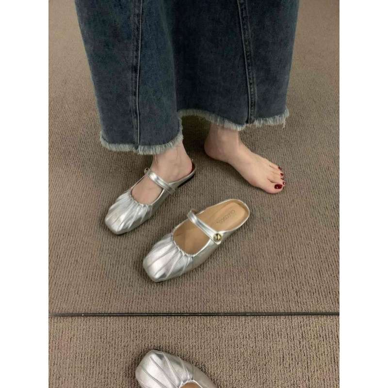 Silver Flat-bottomed Bag Head Half Slippers Outer Wear 2025 Summer New Mother Mary Jane Muller Women Sandals Single Shoes