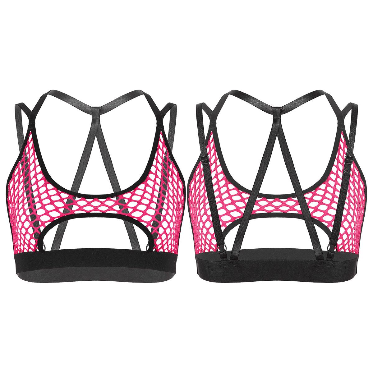 

Женский прозрачный сетчатый ажурный бюстгальтер с лямкой на шее, укороченный топ с перекрещенной спиной XXL ярко-розовый