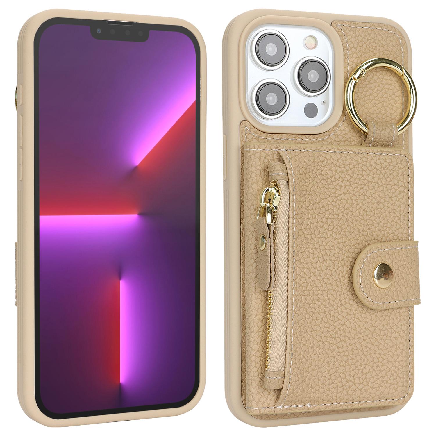 

For iPhone 13 Pro Max/12 Pro Max Case Litchi Textured PU Leather+TPU Kickstand Phone Cover with Card Slot Beige