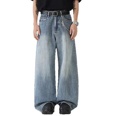 American White Washed Retro Blue Jeans Men's Simple Loose Wide Leg Straight Pants