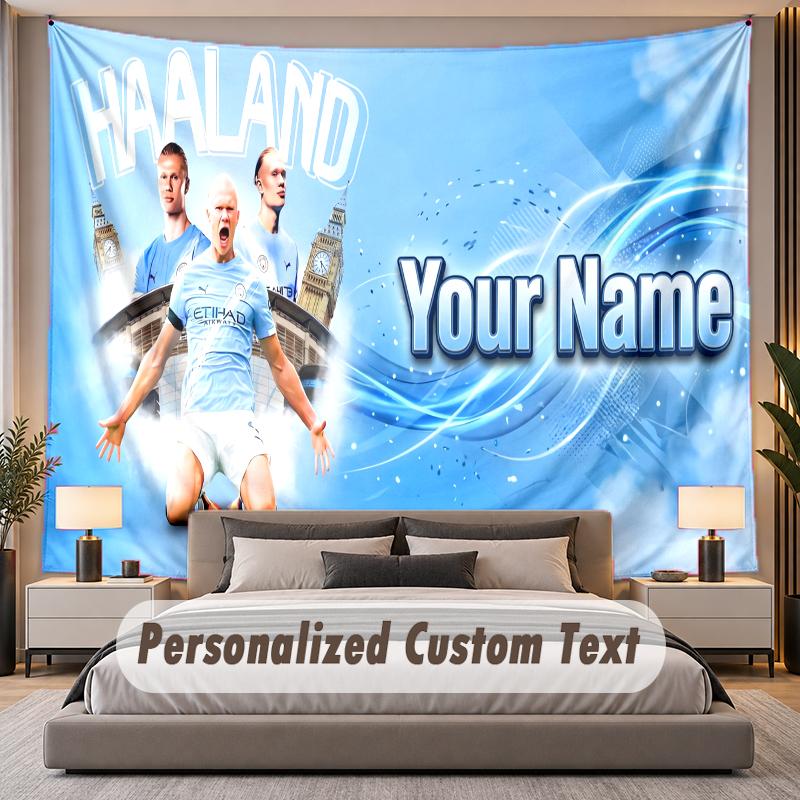 Custom Name Text Tapestry Erling Haaland Personalized Polyester Wall Tapestry For Bedroom And Room