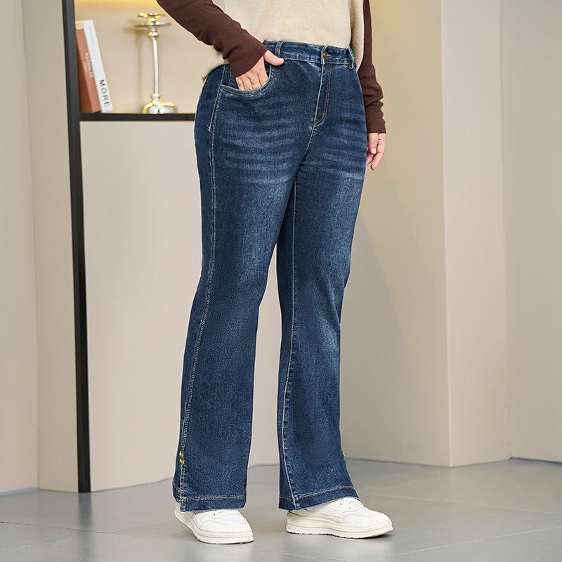 

Большие размеры женские новые осенние эластичные расклешенные джинсы с высокой талией и разрезом 5XL джинсовый синий