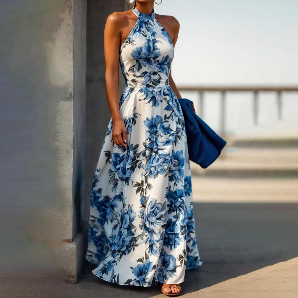 Holiday style neck dress women's summer print high waist thin sleeveless beach dress