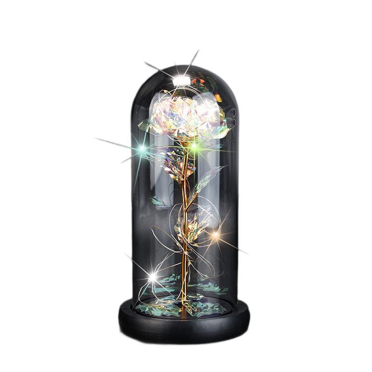 Eternal Flower Glass Cover Colored Gold Rose Bouquet with Lamp Ornament Valentine's Day Gift High-end Jewelry