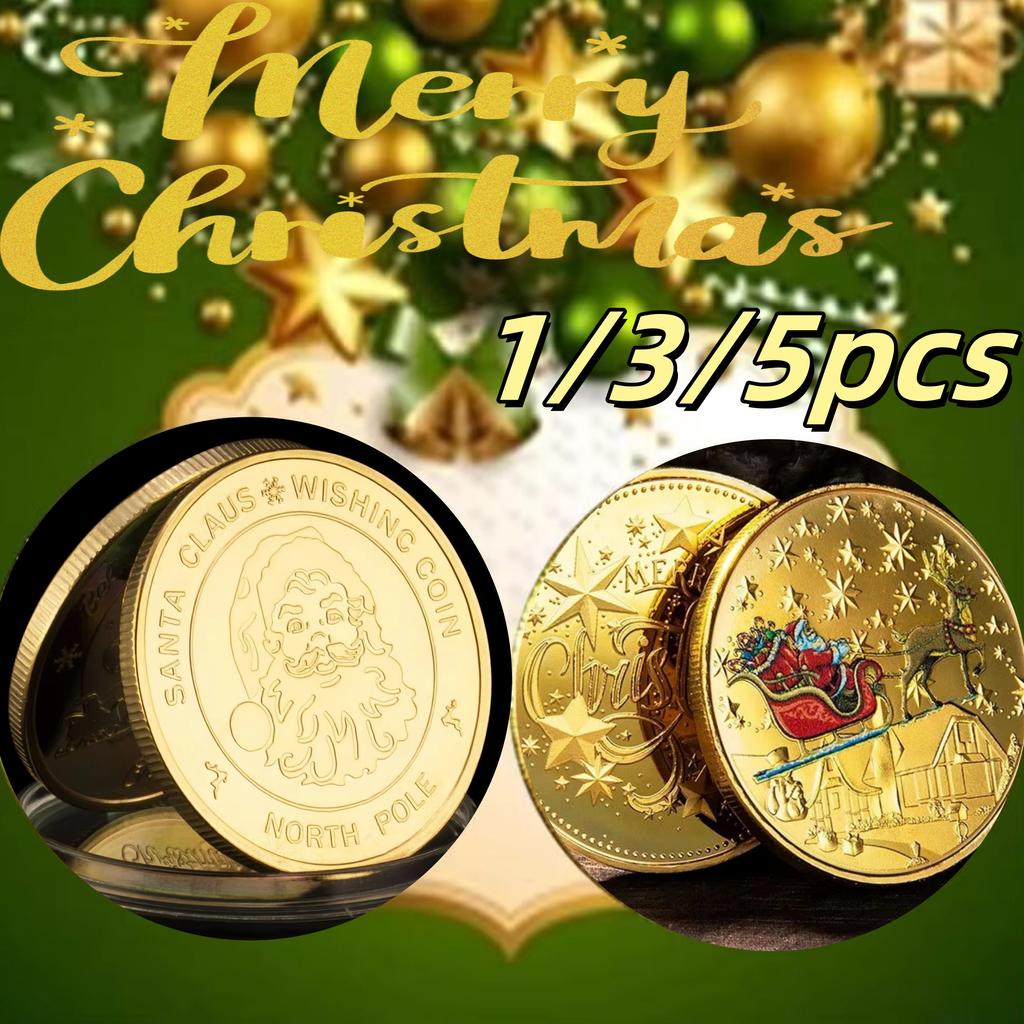 1/3/5Pcs Santa Claus Wishing Coin Collectible Gold Plated Souvenir Coins for Kids Merry Christmas New Year Commemorative Gifts