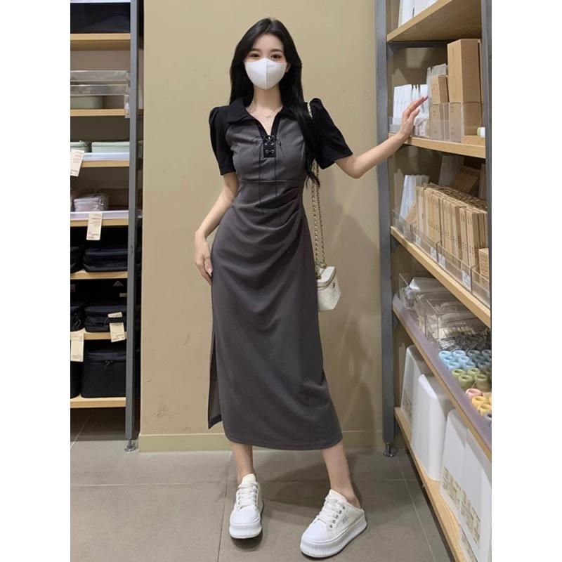 Design Sense Polo Neck Short Sleeve Dress Women's Summer Large Size Pleated Waist Skinny Split Dress