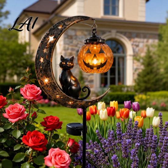 Warm Atmosphere Lights for Fall Parties Solar Halloween Black Cat & Pumpkin Moon Garden Stake Light Waterproof on Decorative Stakes Candy Nights