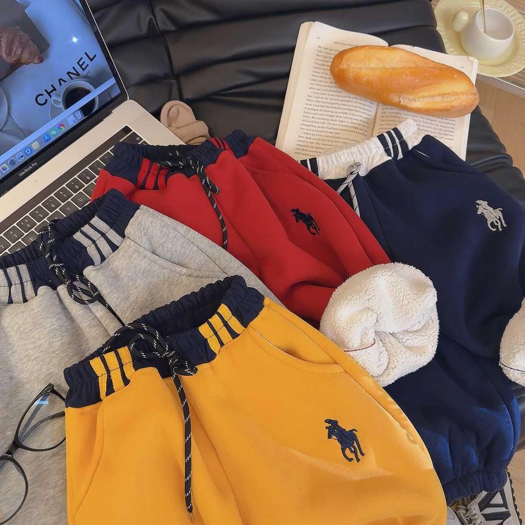 Kids' Unisex Korean Style Fleece Lined Embroidered Joggers for Autumn/Winter