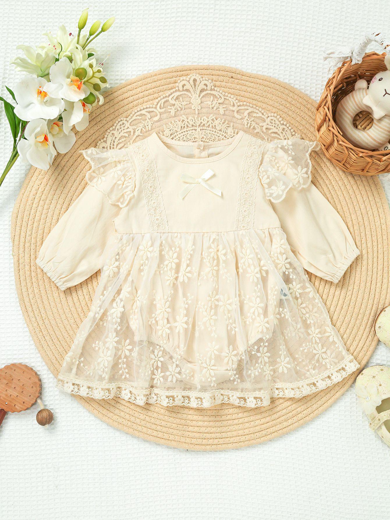 Spring/Summer 2025 Baby Girl Lace Ruffle Long Sleeve Romper 100 cm абрикосовый