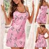 Women Nightdress Round Neck Sleeveless Nightgown with Suspender Design Printing Smooth Fabric