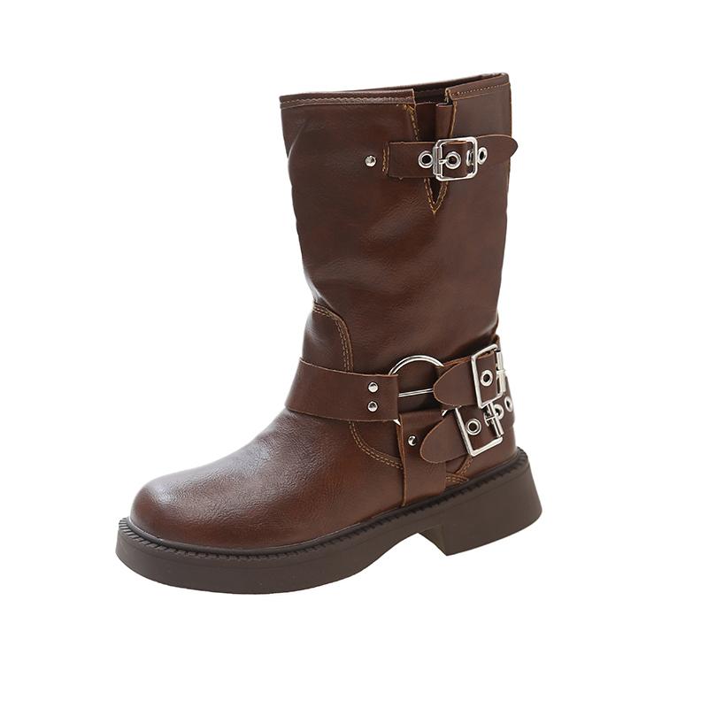 Women's Rivet Designer Thick-soled Short Leather Boots Low Heel Black Buckle New Style Punk Short Boots