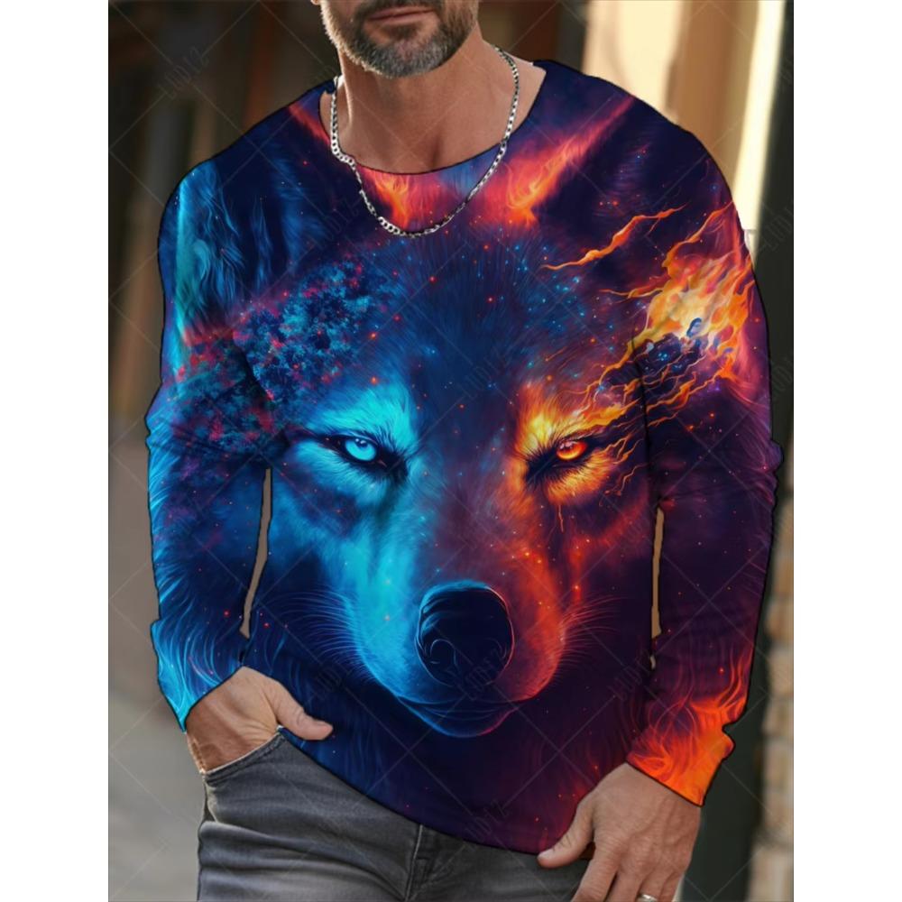 Animal Wolf Printed T-shirt Men Long Sleeve Casual Fashion T-shirt Personalized Comfortable Breathable Versatile Autumn T-shirt