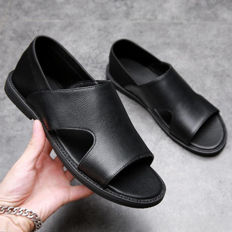 Men s Breathable Korean Style Genuine Leather Outdoor Slip-on Beach Sandals with Soft Soles. 45