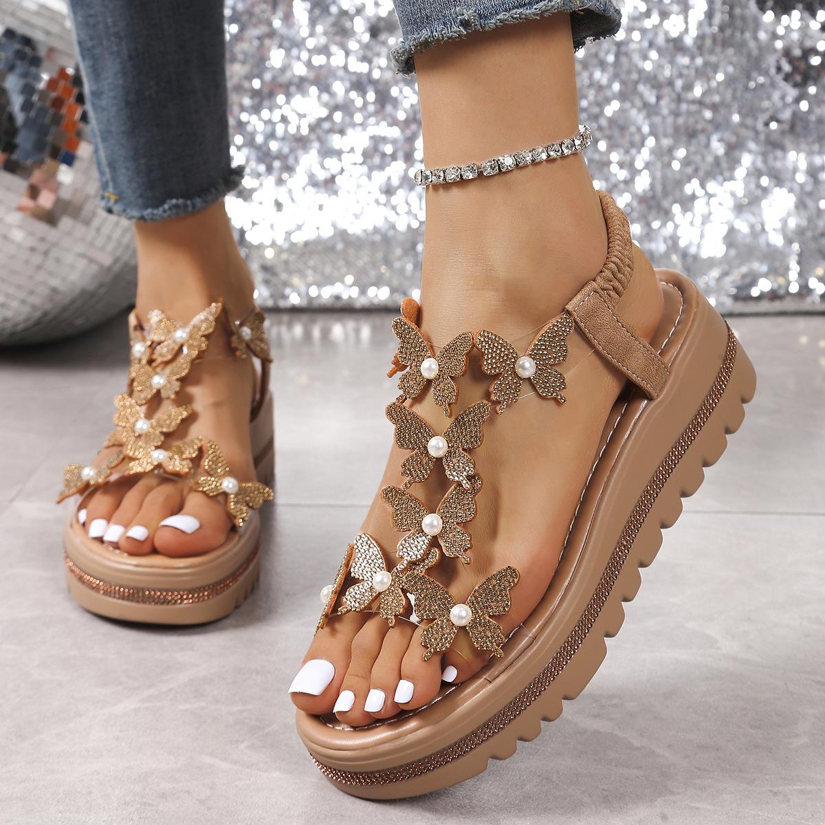 

Rhinestone sandals women s summer new wear muffin platform fairy style Internet celebrity versatile slope heel beach sandals 41