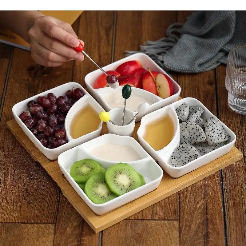 Multi Grid Ceramic Fruit Platter Wooden Tray Snacks Dessert Plates Home Tableware Dried Nut Candy Kitchen Accessories