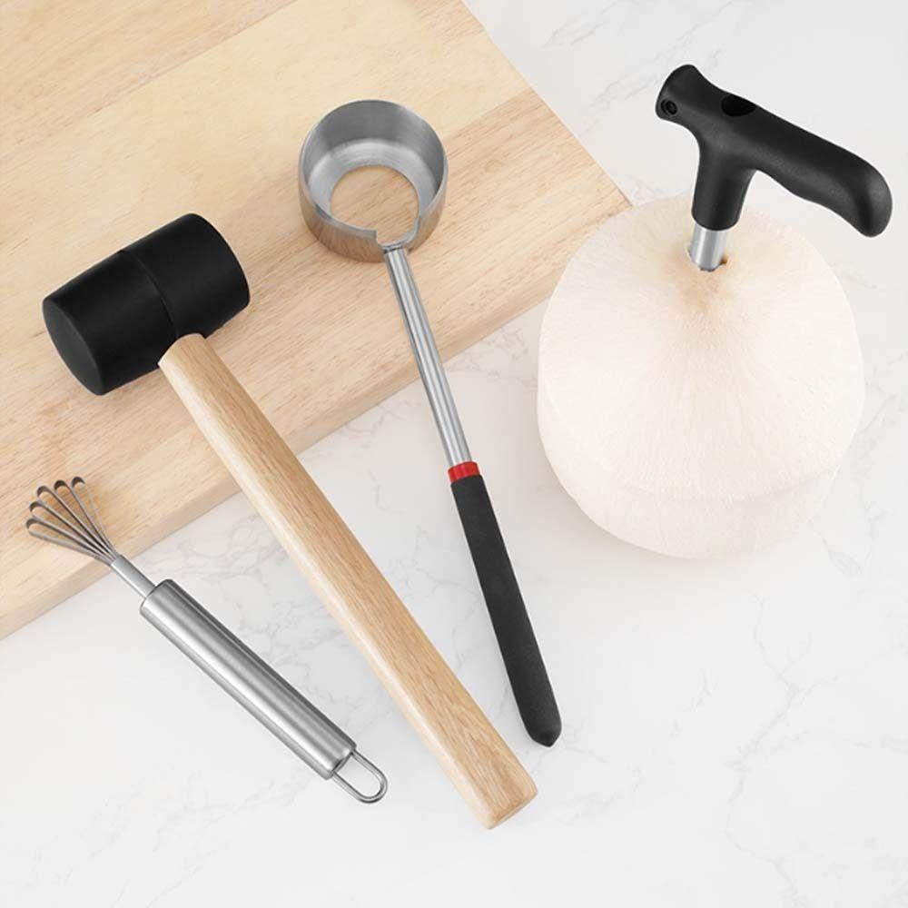 Stainless Steel Coconut Opener Tools Rubber Hammer Multi-functional Coconut Breaker Kit Wooden Handle Heavy Duty