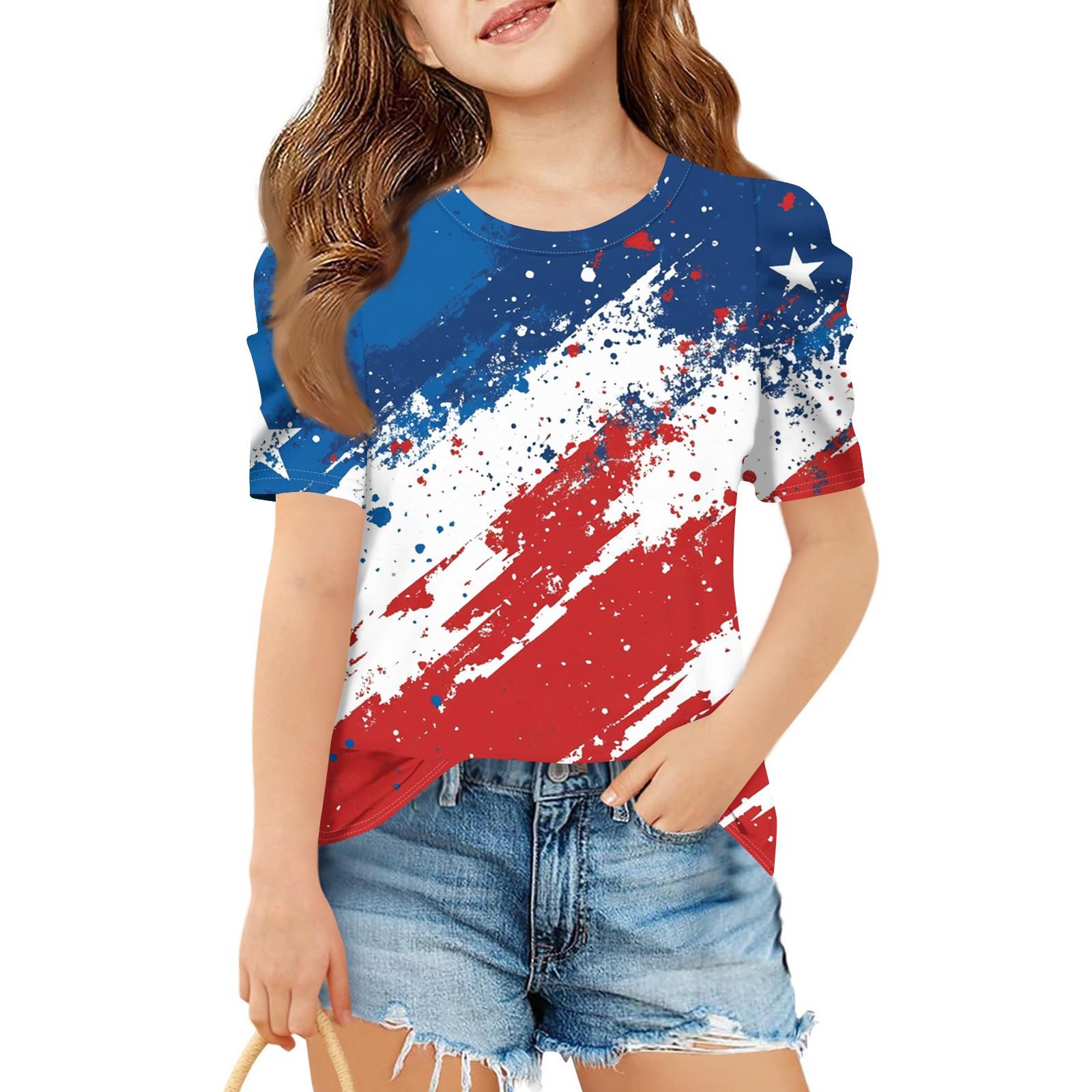 

Летний топ с короткими рукавами для девочек, детская повседневная футболка с круглым вырезом на День независимости 160 белый