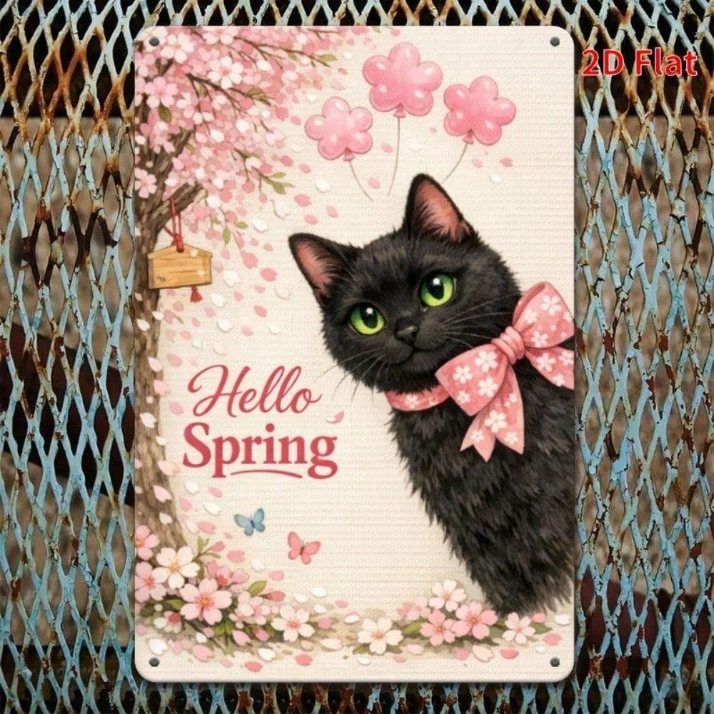 Vintage Spring Cherry Blossom Black Cat Metal Sign Waterproof Rust Resistant Wall Art Garden Decor