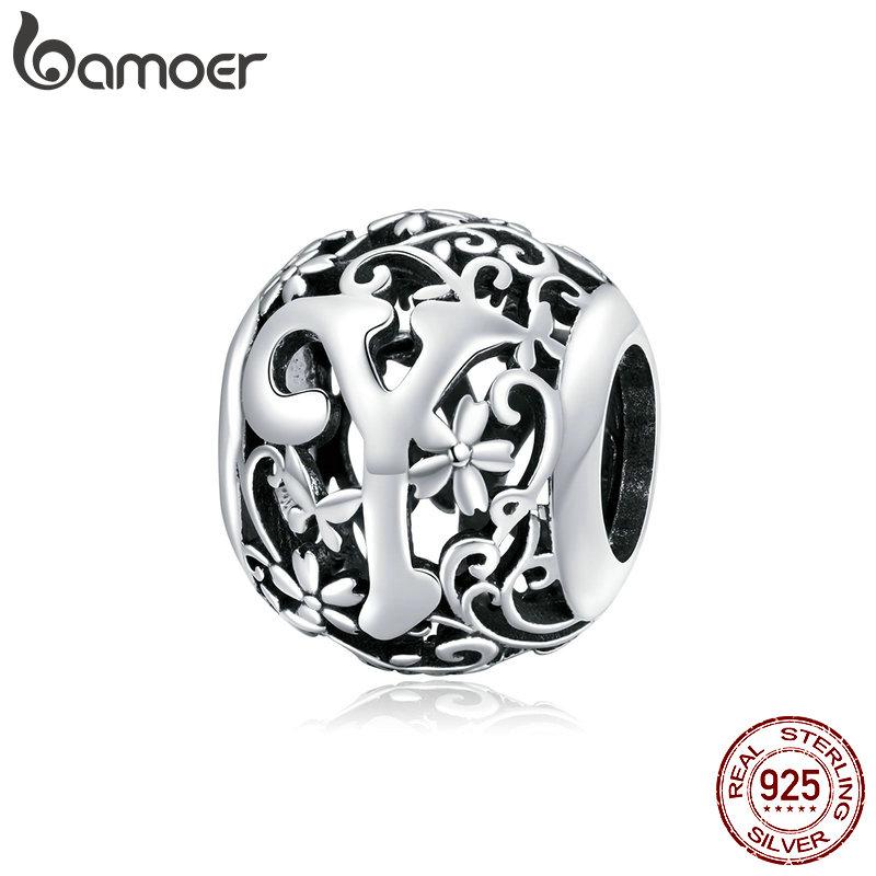 BAMOER 925 Silver Retro Letter Charms Hollowed Alphabet A-Z Round Beads for Women Bracelet DIY Jewelry Making