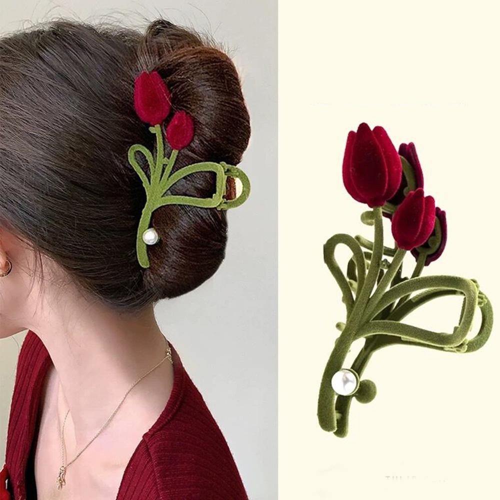 

Velvet Tulip Pearl Hair Claw Wine Red Festival Fashion Hairpin Hair Crabs For Women Elegant Ponytail Hair Clips Accessories