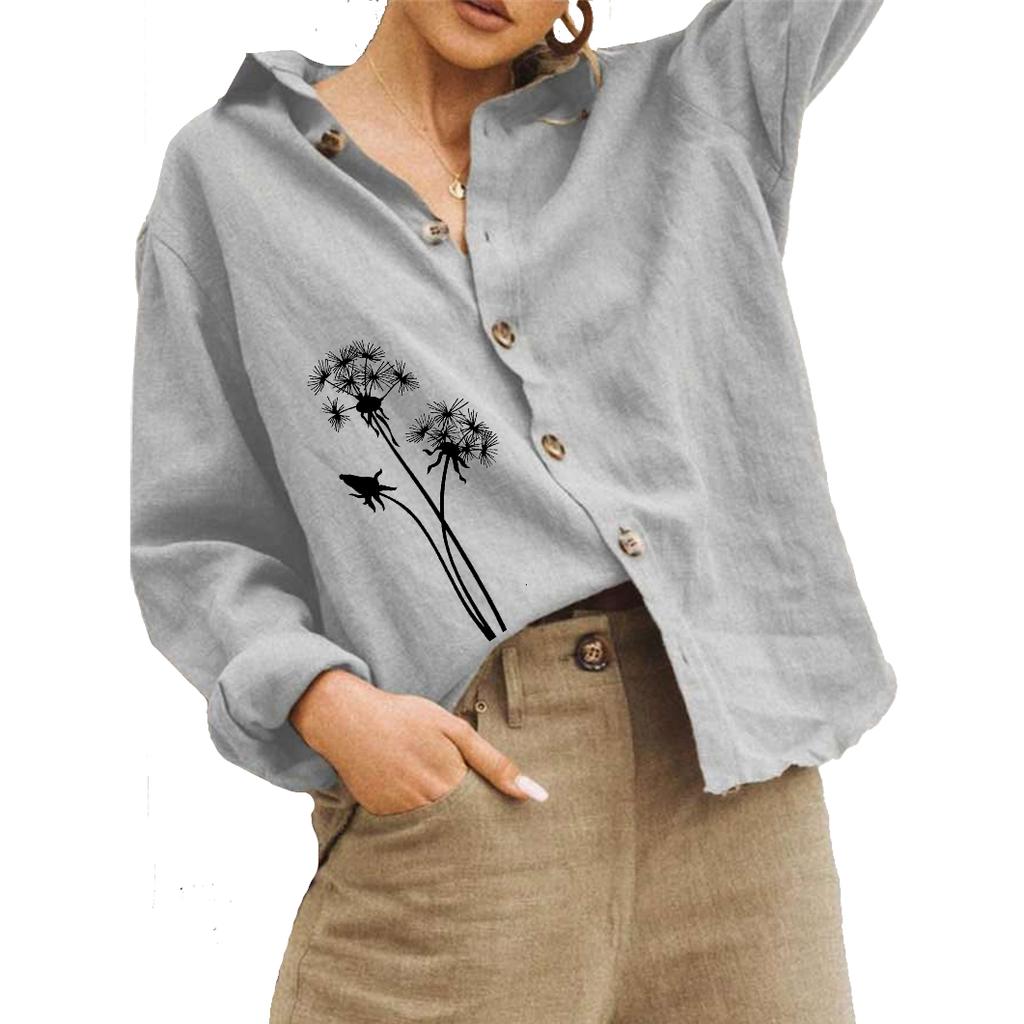 Women Fashion Floral Print Blouse Summer&fall Cotton Linen Top Ladies Casual Buttoned Long Sleeve Shirt