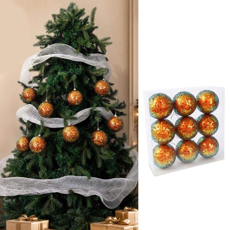 Christmas Tree Baubles, 9-Piece Colorful Plastic Sequined Sphere Decoration for Holiday Tree, Windowsills, Wreaths, Party Backdrops