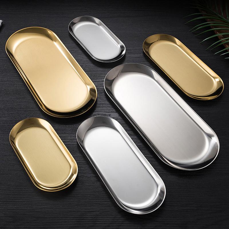 Gold/Silver Oval Decorative Tray Jewelry Tray Towel/Vanity Tray Dish Plate Tray Tea Fruit Storage Trays Cosmetics Jewelry Organizer