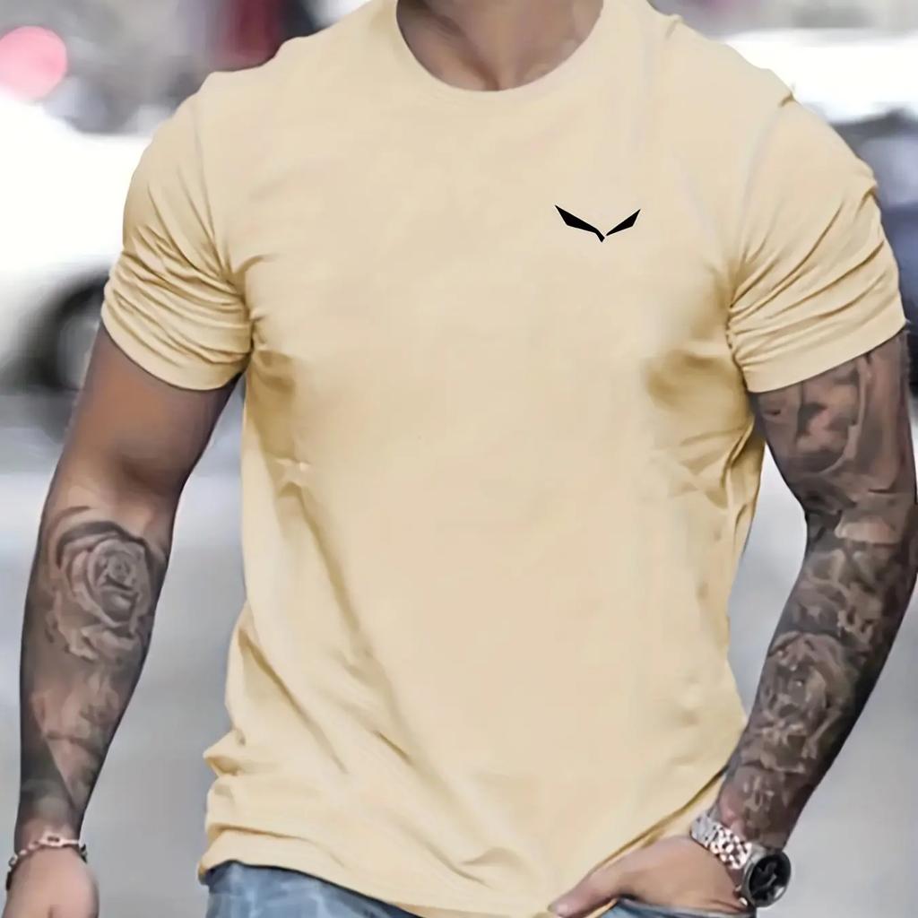 Men's Summer Loose-fitting T-shirt, 100% Polyester Bird Print Slim Casual Round-neck Short-sleeved